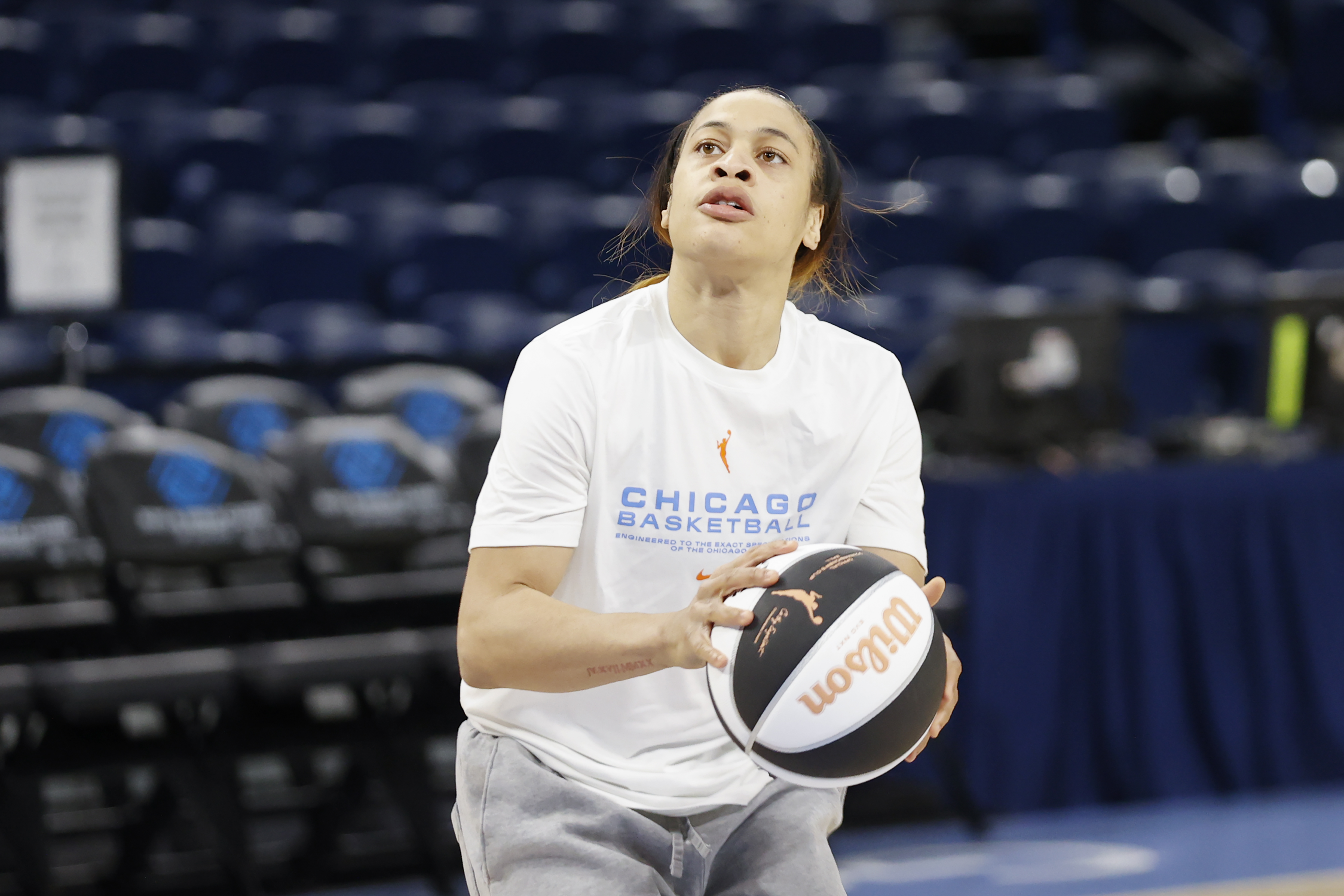 Jun 4, 2024; Chicago, Illinois, USA; Chicago Sky guard Chennedy Carter (7) warms up before a WNBA game against the New York Liberty at Wintrust Arena. Mandatory Credit: Kamil Krzaczynski-USA TODAY Sports