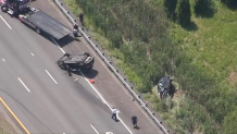 Two wrecked vehicles on Route 24 in Avon, Massachusetts, on Tuesday, June 18, 2024.