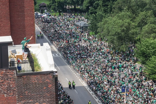 The packed Boston Celtics championship parade route along the Common on Friday, June 21, 2024.