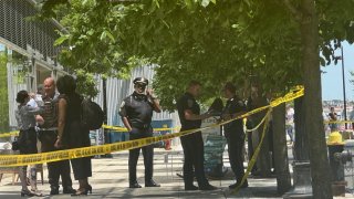 Boston police at the scene of a shooting in the Seaport District on Thursday, June 13, 2024.