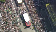 A duck boat making its way through Boston during the Celtics' championship parade on Friday, June 21, 2024.