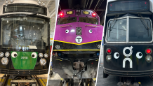Three MBTA trains with googly eyes on them.
