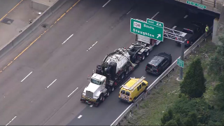 A truck that was stuck on I-93 in Canton, Massachusetts, on Monday, June 10, 2024.