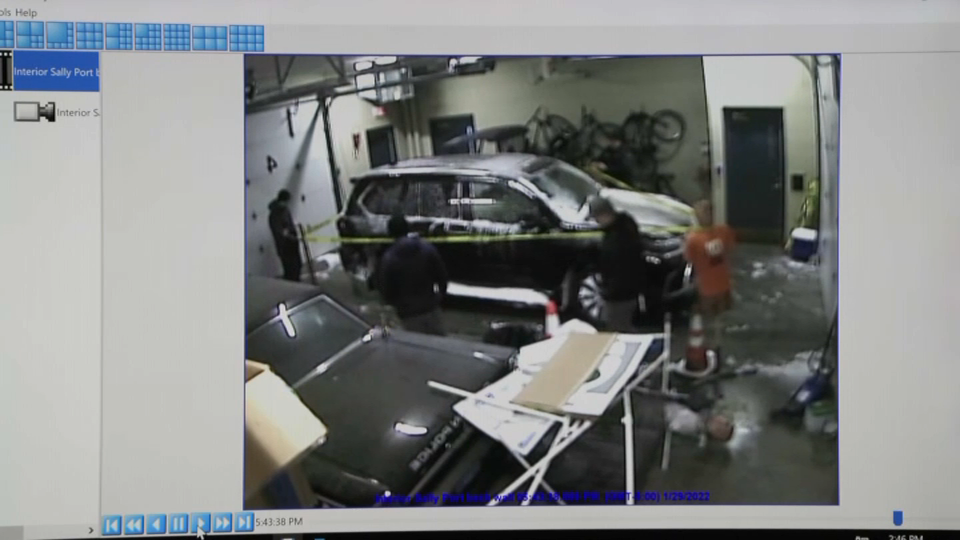 A still from video showing Karen Read's SUV in the Canton Police Department's Sallyport.