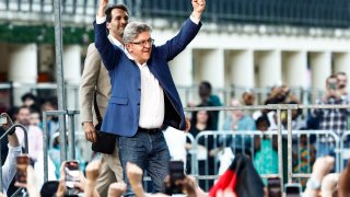 Founder of left-wing party La France Insoumise (LFI) Jean-Luc Melenchon reacts during the election night of left-wing party La France Insoumise (LFI) following the first results of the second round of France’s legislative election at La Rotonde Stalingrad in Paris on July 7, 2024. 