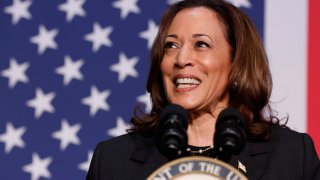 Vice President Kamala Harris speaks during a political event at the Air Zoo Aerospace & Science Experience in Portage, Michigan, on July 17, 2024.