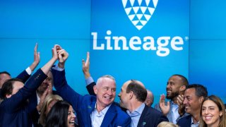 Greg Lehmkuhl, President and CEO, of Lineage, the world’s largest global temperature-controlled warehouse, celebrates an initial public offering (IPO) at the Nasdaq MarketSite, at Times Square in New York City, U.S., on July 25, 2024. 