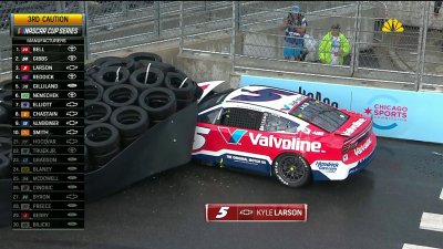 WATCH: Kyle Larson crashes into barrier at turn 6 of the NASCAR Chicago Street Race