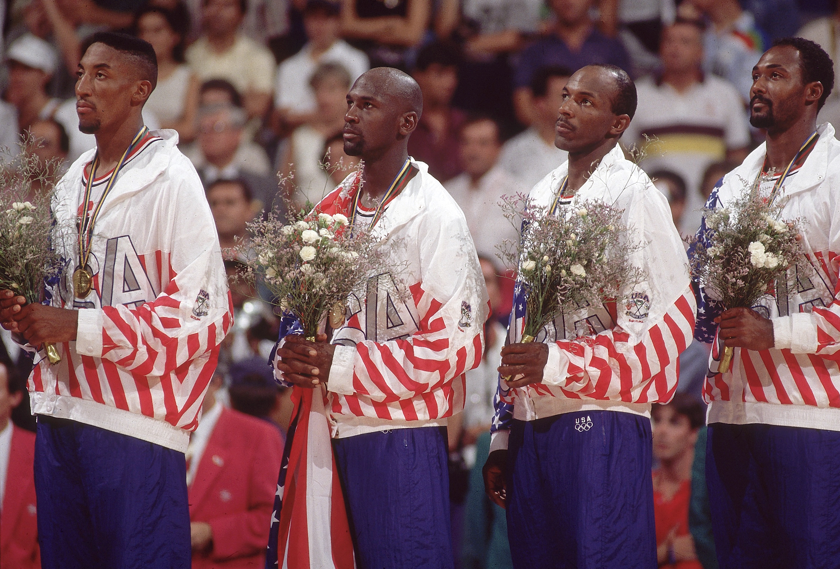 (L-R) USA Scottie Pippen, Michael Jordan, Clyde Drexler, and Karl Malone