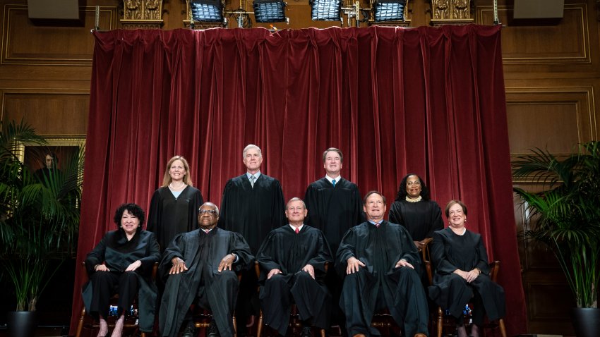 Members of the Supreme Court sit for a group photo following the recent addition of Associate Justice Ketanji Brown Jackson, at the Supreme Court building on Capitol Hill on Friday, Oct 07, 2022 in Washington, DC.