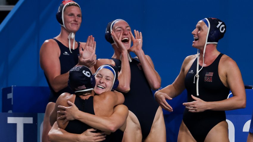 Amanda Longan, Maggie Steffens, Kaleigh Gilchrist and teammates of Team United States celebrate during Tokyo 2020 Olympic Games.