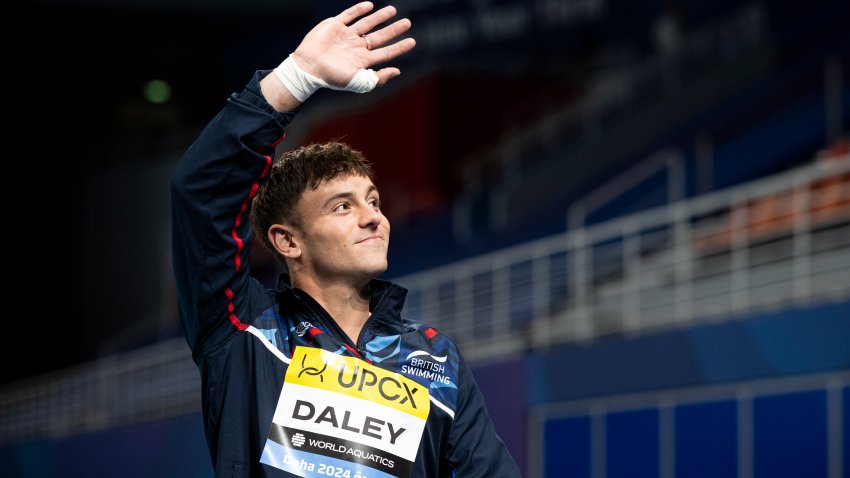 Silver medal winner Thomas Daley of Great Britain competes in the diving men’s 10m synchronised platform final during the 21st World Aquatics Championships at the Hamad Aquatic Center in Doha (Qatar), February 08, 2024 (Photo by Deepbluemedia/Mondadori Portfolio via Getty Images)