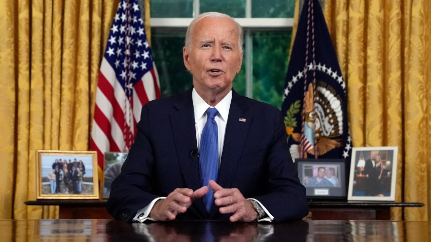 US President Joe Biden speaks during an address to the nation about his decision to not seek reelection, in the Oval Office at the White House in Washington, DC, on July 24, 2024. US President Joe Biden will give an Oval Office speech July 24, 2024 to explain his historic decision to drop out of the 2024 election and pass the torch to Kamala Harris, with the White House denying any cover up over his health. In his first address to the nation since quitting the race, the 81-year-old is expected to burnish his legacy and deny he will spend six months as a lame duck president.