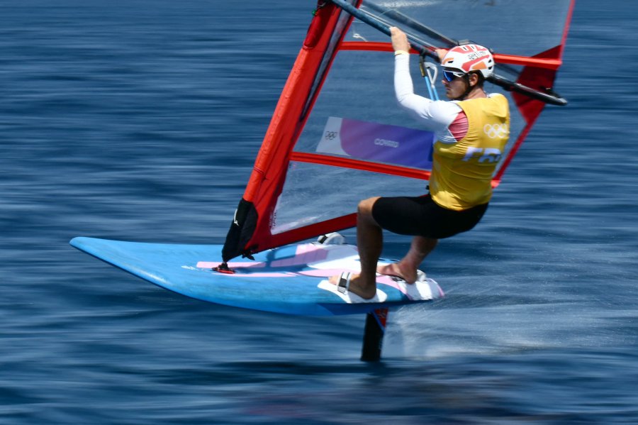 France's Nicolas Goyard trains before Race 2 of the men's IQFoil windsurfing event during the Paris 2024 Olympic Games sailing competition at the Roucas-Blanc Marina in Marseille on July 30, 2024.