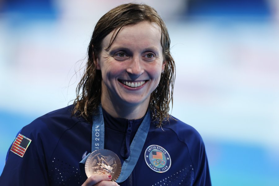 Bronze Medalist, Katie Ledecky  of Team USA poses with her medal following the Medal Ceremony after the Women's 400m Freestyle Final on day one of the Olympic Games Paris 2024 at Paris La Defense Arena on July 27, 2024 in Nanterre, France