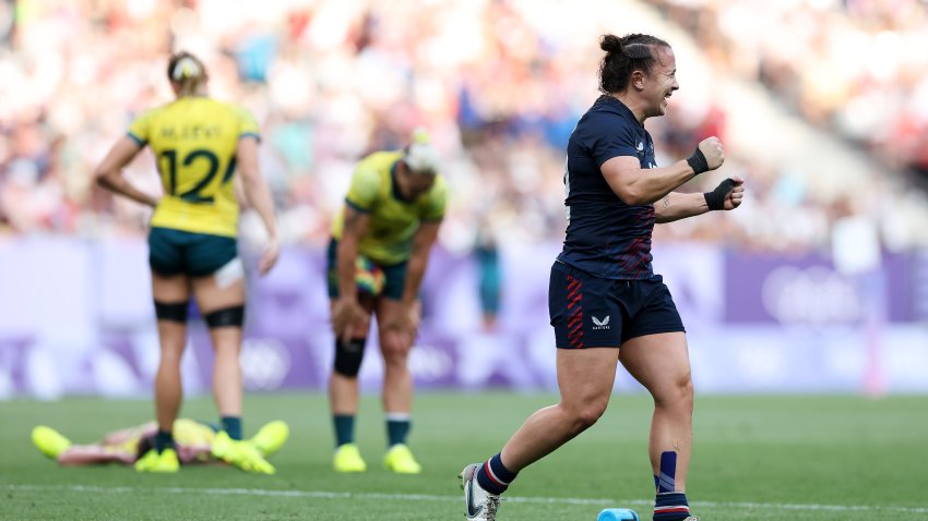 Kristi Kirshe #12 of Team United States celebrates following the team’s victory during the Women’s Rugby Sevens Bronze medal match between Team United States and Team Australia on day four of the Olympic Games Paris 2024 at Stade de France on July 30, 2024 in Paris, France.