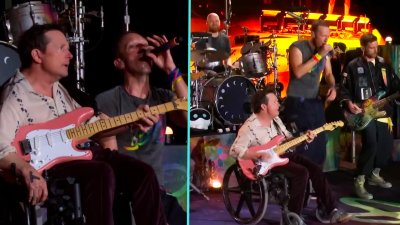 Michael J. Fox plays guitar with Coldplay at Glastonbury