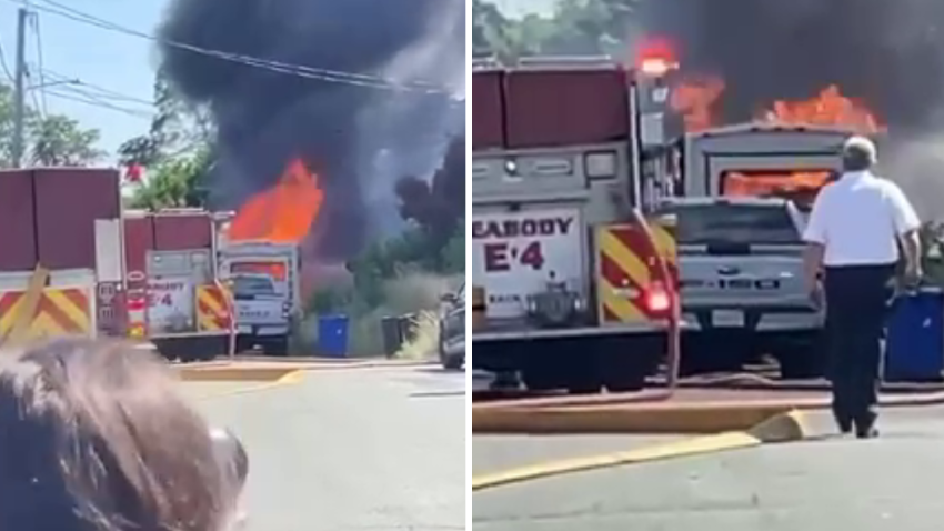 Flames are seen in a fire burning in Peabody, Massachusetts, on Tuesday, July 2, 2024.