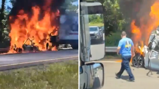 Flames were seen erupting from a car that apparently crashed with a truck on I-195 in Seekonk, Massachusetts, on Tuesday, July 2, 2024.