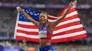 Gabrielle Thomas of the United States celebrates her gold medal win in the Women’s 200m Final during the Athletics Competition at the Stade de France during the Paris 2024 Summer Olympic Games on August 6th, 2024, in Paris, France.