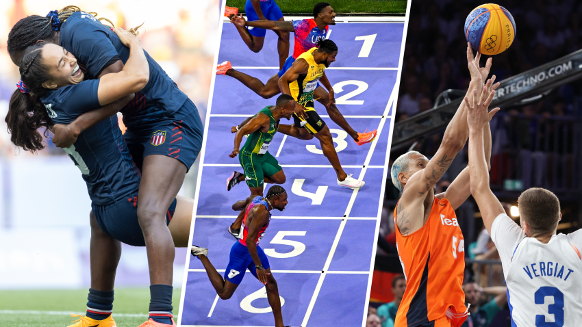 Split image of USA rugby, the men's 100m final and men's 3x3 final