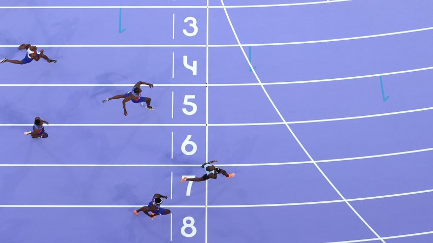 Birds eye view of the finish of the 200m at Paris Olympics