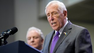 Rep. Steny Hoyer, D-Md., speaks at Prince George's Community College in Largo, Md., Thursday, Sept. 14, 2023. Sen. Chris Van Hollen, D-Md., listens at left.