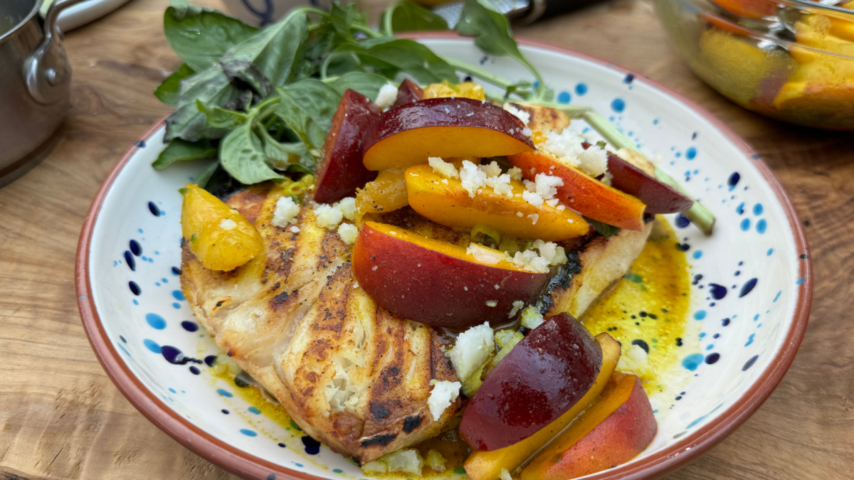 Grilled Halibut with Curry Peaches NBC Boston