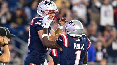 Patriots quarterback Drake Maye and wide receiver Ja'Lynn Polk