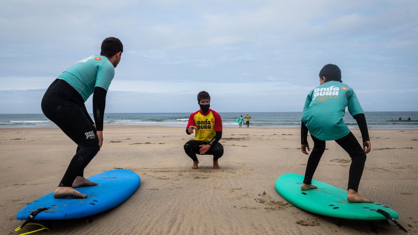 Students stand on surfboards as an instructor gives surfing lessons at Matosinhos beach on outskirts of Porto, Portugal, on Saturday, June 6, 2020. Portuguese Prime Minister Antonio Costa forecast his countrys economy will shrink 6.9% this year after the coronavirus outbreak forced authorities to impose confinement measures and shut some businesses.