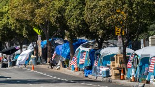 Homeless  encampment  outside the West L.A. Veterans Affairs facilities. Dozens of veterans live at the encampment, sometimes called Veterans Row, where some tents are decorated with U.S. flags.