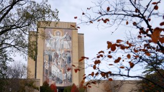 SOUTH BEND, IN – NOVEMBER 01: General view of the Word of Life Mural (aka Touchdown Jesus) on the campus of the University of Notre Dame prior to a college basketball exhibition game between the Hanover Panthers and Notre Dame Fighting Irish on November 01, 2023 at Purcell Pavilion in South Bend, Indiana. (Photo by Joe Robbins/Icon Sportswire via Getty Images)