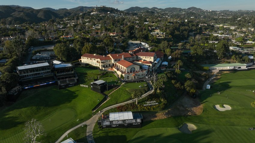 An aerial view of the 18th green of Riviera Country Club on February 13, 2024 in Pacific Palisades, California.