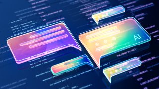 Digital generated image of abstract AI data chat icons flying over digital surface with codes.