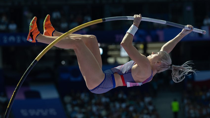 Katie Moon during pole vaulting event at Paris Olympics