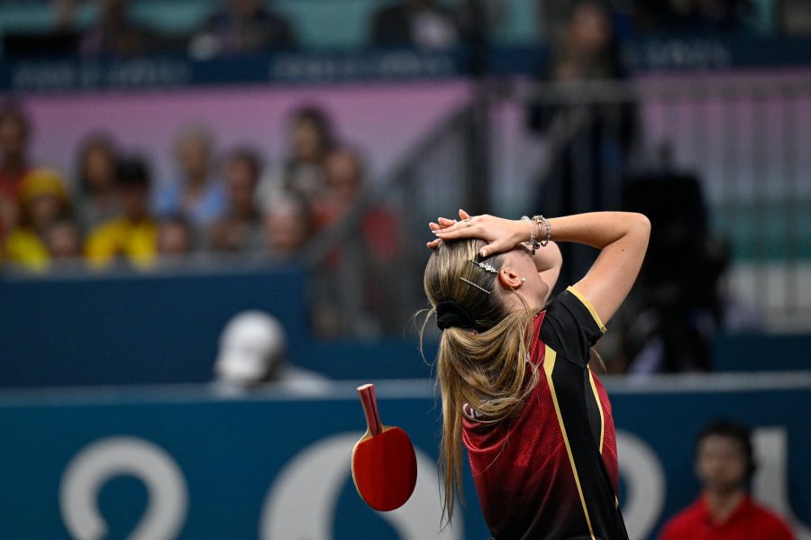 Germany's Annett Kaufmann celebrates a winning point during her women's table tennis singles match in the team quarter-finals between India and Germany at the Paris 2024 Olympic Games at the South Paris Arena in Paris on August 7, 2024