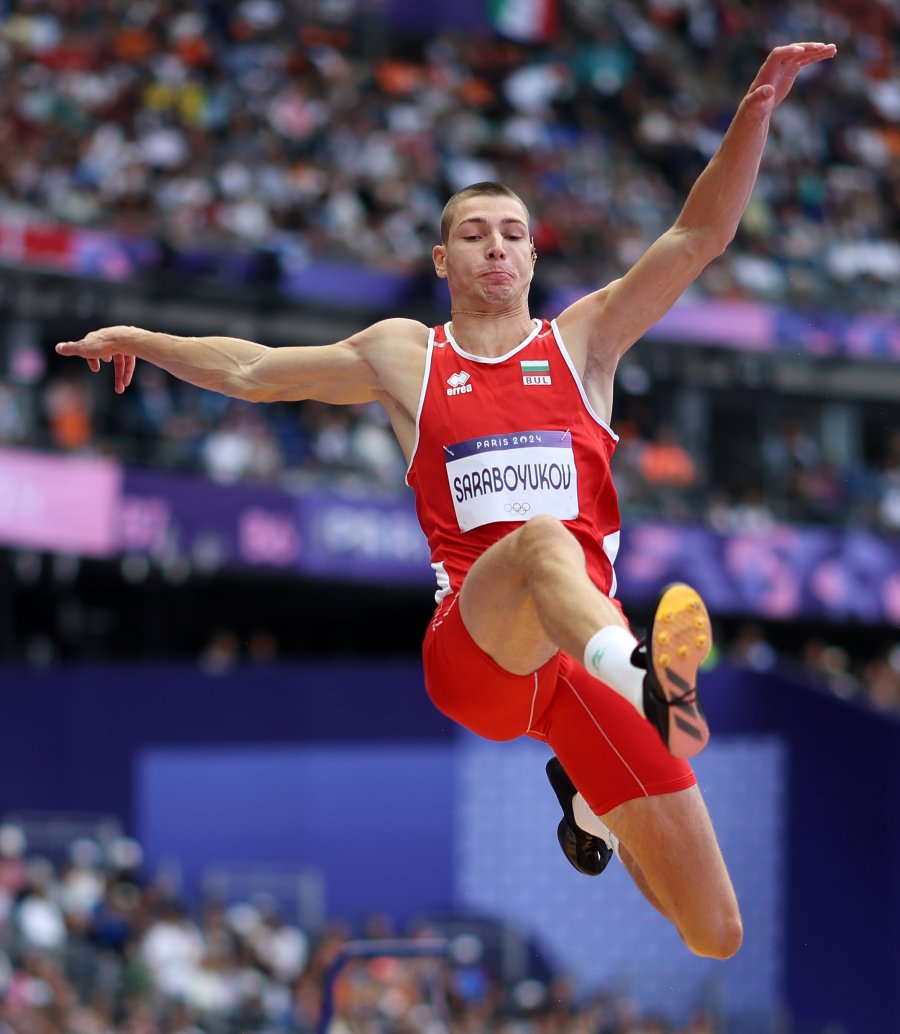 Bozhidar Saraboyukov of Team Bulgaria competes during the Men's Long Jump Qualification on day nine of the Olympic Games Paris 2024 at Stade de France on August 04, 2024 in Paris, France