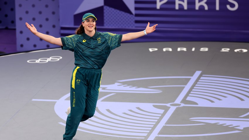 PARIS, FRANCE – AUGUST 09: B-Girl Raygun of Team Australia reacts during the B-Girls Round Robin – Group B on day fourteen of the Olympic Games Paris 2024 at Place de la Concorde on August 09, 2024 in Paris, France. (Photo by Ezra Shaw/Getty Images)