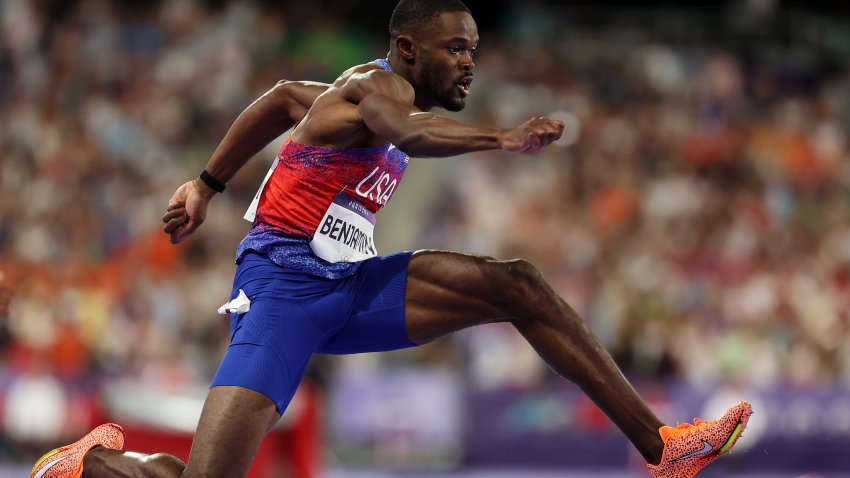 PARIS, FRANCE – AUGUST 09: Rai Benjamin of Team United States  competes during the Men’s 400m Hurdles Final on day fourteen of the Olympic Games Paris 2024 at Stade de France on August 09, 2024 in Paris, France. (Photo by Patrick Smith/Getty Images)