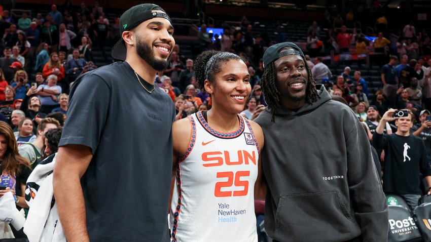 Celtics stars Jayson Tatum and Jrue Holiday with Sun star Alyssa Thomas