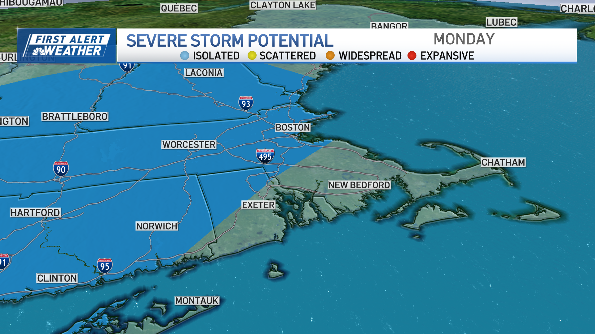 A map showing severe storm potential for most of Connecticut and parts of Rhode Island, Massachusetts, New Hampshire and Vermont