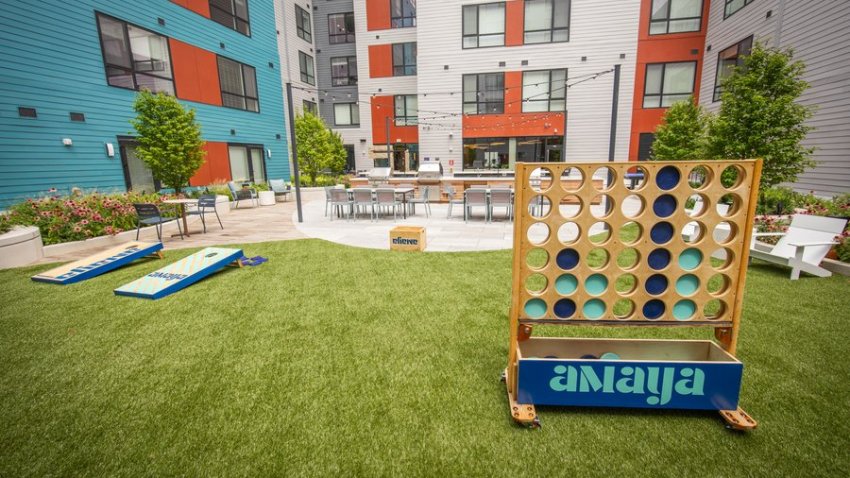 An outdoor common space at Amaya, the first residential apartment building to be built at Suffolk Downs.