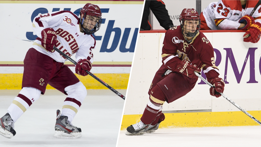 Johnny Gaudreau (left) on the ice for BC in 2013 and Matthew Gandreau in 2016.