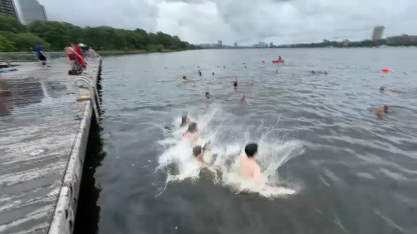 People jumping into the Charles River in the Boston area.