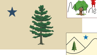 The winning design for the Maine state flag, with two other submissions seen superimposed, one of a scrawled tree and anthropomorphic lobster with "Maine" handwritten over it, the other an abstract depiction of a tree in the mountains with a blue star overhead.