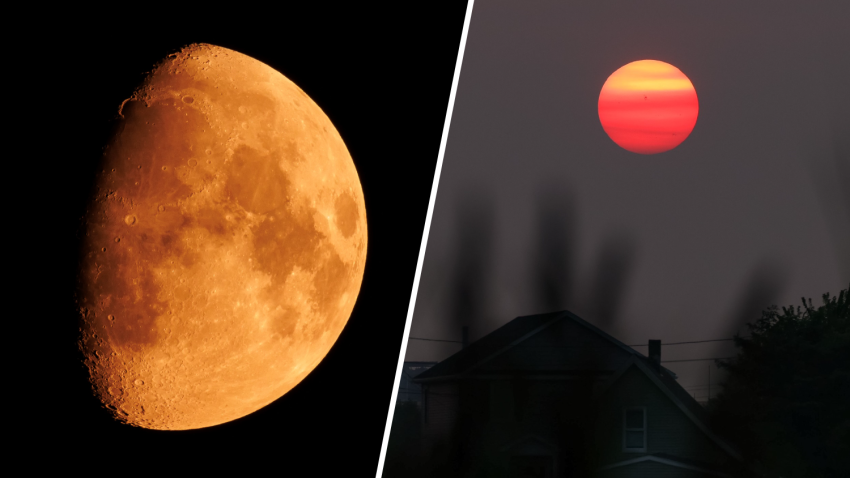 The moon and sun, tinted orange by wildfire smoke, over Massachusetts on Wednesday, Aug. 14, 2024.