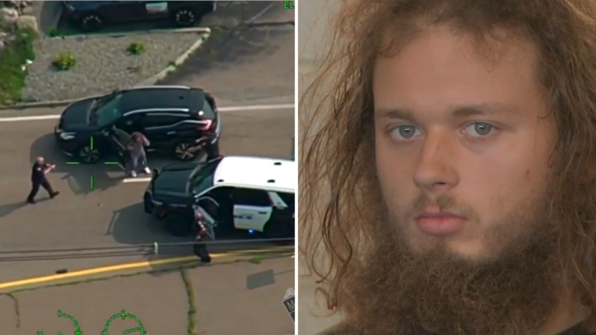 At left, Matthew Paluzzi is detained at gunpoint on Thursday, Aug. 15, 2024, by police in Hanover assisting with the investigation into the killing of his father in Plymouth, Massachusetts. At right, Paluzzi appears in Plymouth District Court on Friday, Aug. 16.