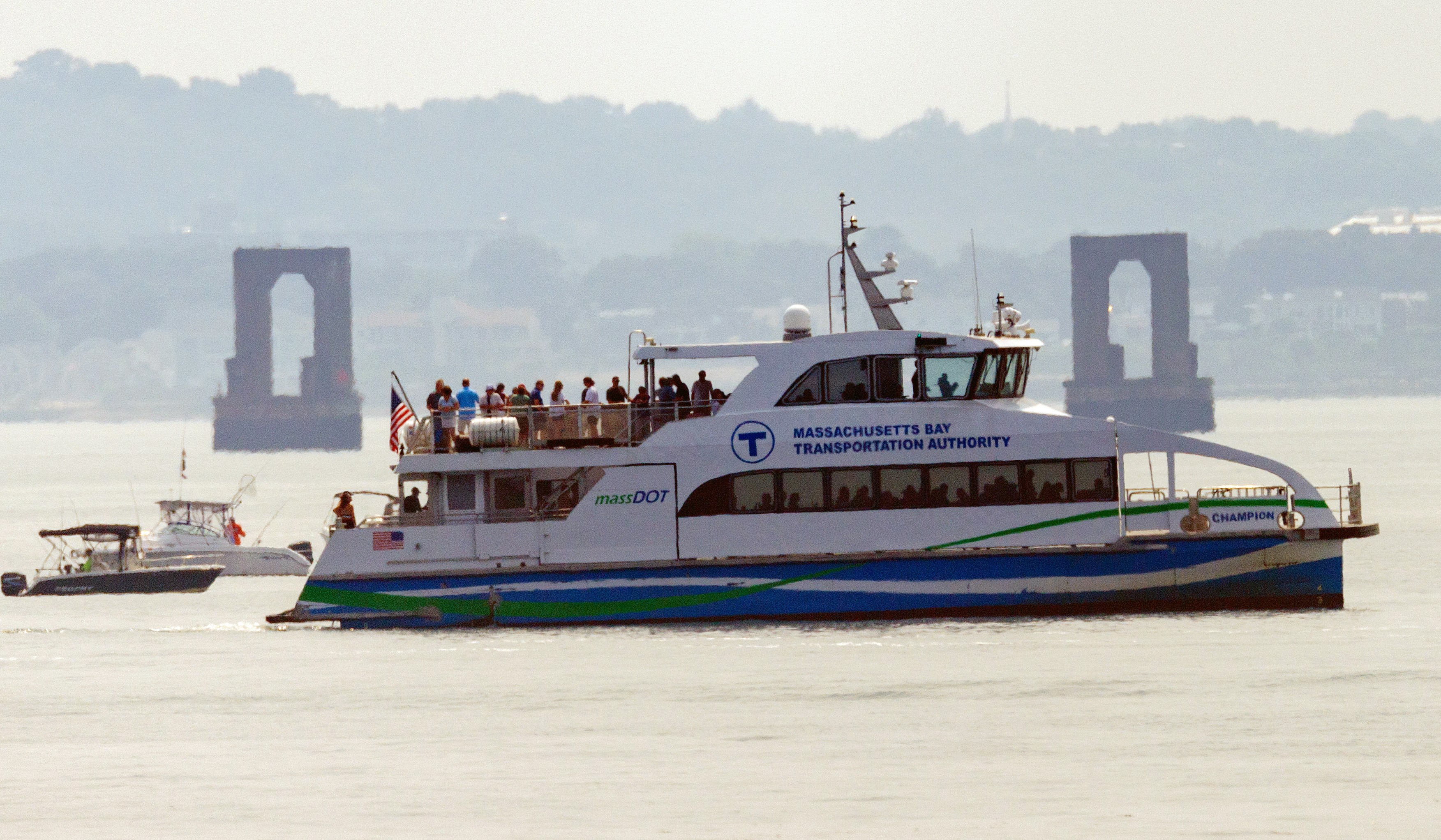 An MBTA ferry near where a whale was seen in Boston Harbor on Wednesday, Aug. 14, 2024.