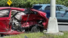 A crashed car on Greenough Boulevard in Watertown, Massachusetts, on Monday, Aug. 12, 2024.