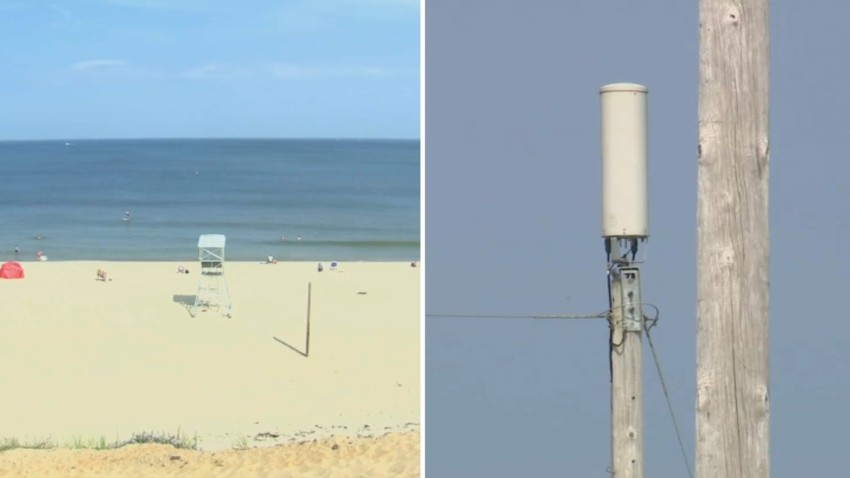 At left, a Wellfleet, Massachusetts, beach. At right, a Wi-Fi router recently installed at a town beach.